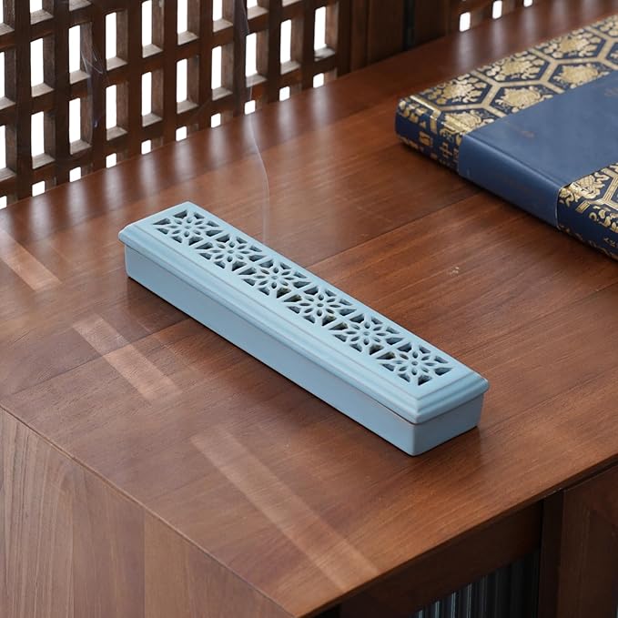Incense Holder,Ceramic Incense Holder for Sticks with Ash Catcher,Coffin Style Incense Box,Incense Burner for Meditation Yoga Spa Room Decor(Blue)