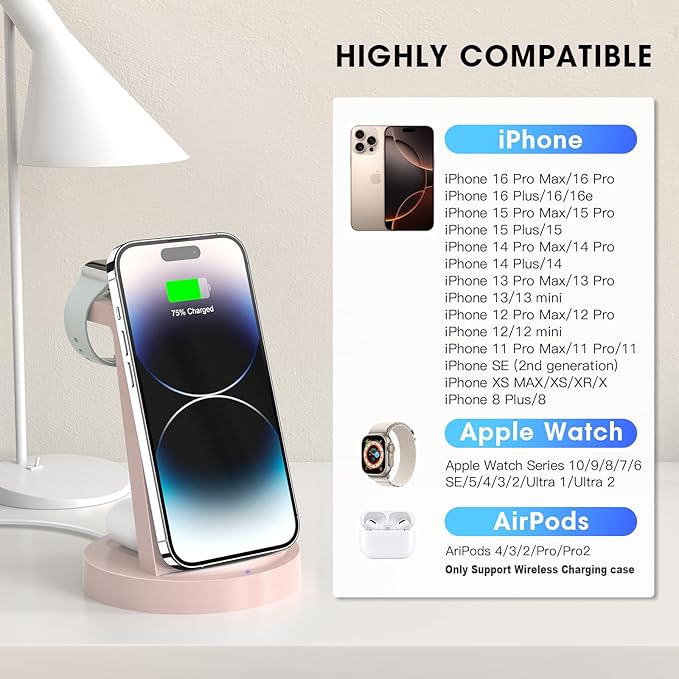 Anlmz 3 in 1 Charging Station for iPhone, Wireless Charger for iPhone 17 16e 16 15 14 13 12 11 X Pro Max & Apple Watch - Charging Stand Dock for AirPods (Pink)