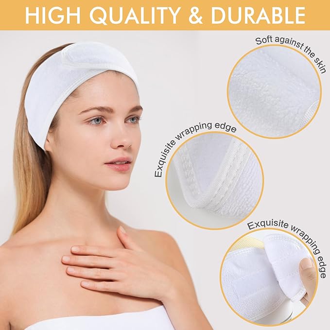 SINLAND Spa Headband for Women Ultra Soft Adjustable Makeup Hair Band with Magic Tape, Stretch Head Wrap for Bath, Shower, Facial Mask, Yoga