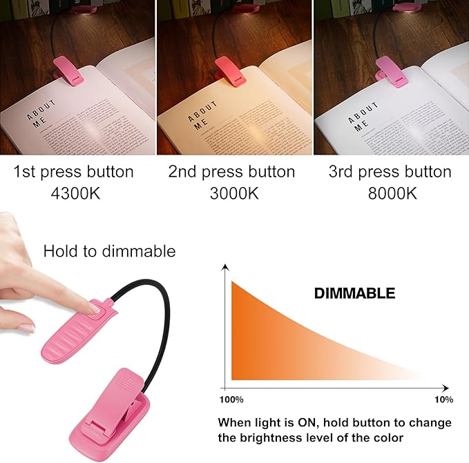 BIGMONAT Rechargeable Book Light, Portable Bendable Neck, Brightness Adjustable Reading Light, Eye Care Reading, Warm & White LEDs, Perfect for Kids, Bed Headboard & Travel (Pink, 2Pack)