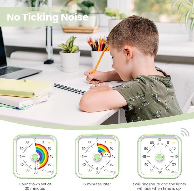 Visual Timer with Pause Function, 60 Minute Countdown, Pomodoro Timer for Kids, Productivity Timer, Time Management for Kitchen Cooking, Study, Teaching, Office Meetings (Rainbow Green)