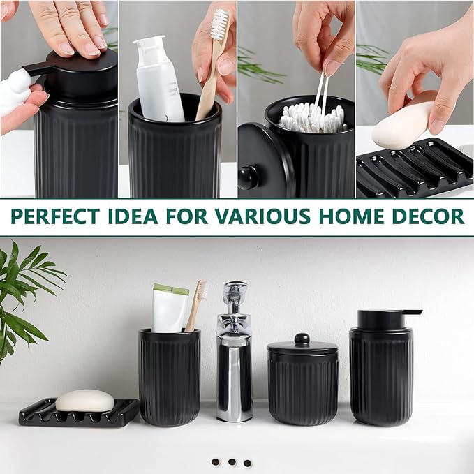 BosilunLife Black Bathroom Accessories Set - Ceramic Bathroom Counter Soap Set Bathroom Decor Sets Accessories Bathroom Lotion Soap Dispenser and Toothbrush Holder Set, Soap Dish, Apothecary Jars