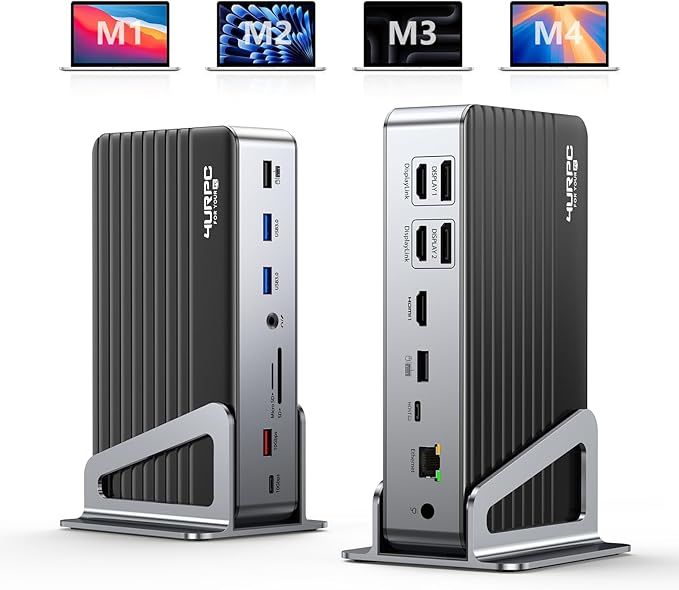 4URPC DisplayLink Docking Station Triple 4K@60Hz Monitor with 120W Power Adapter, Laptop Dock for Thunderbolt 5/4/3, USB C M1/M2/M3/M4 MacBook/Windows(Single 8K)/Chrome(3 HDMI, 2 DP, 6 USB, Ethernet)