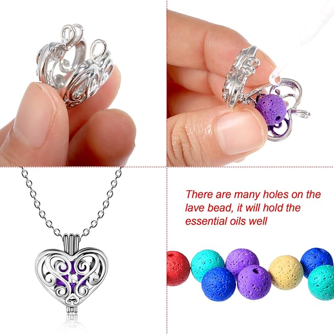 Blulu 4 Pcs Aromatherapy Essential Oil Diffuser Necklace for Women Christmas Locket Pendant Stainless Steel Necklace with 24 Pcs Refill Lava Stone Balls for Men Women Jewelry Accessory Birthday Gift