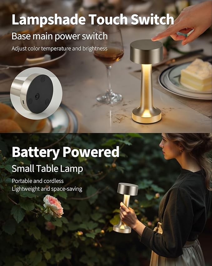 PUSU Cordless LED Nickel Small Table Lamps Set of 2, Portable Rechargeable 4000mAh Battery Operated Desk Lamp, 3 Color Stepless Dimming for Kids, Restaurant, Bedside, Outdoor, Bar, Night Light, Gift