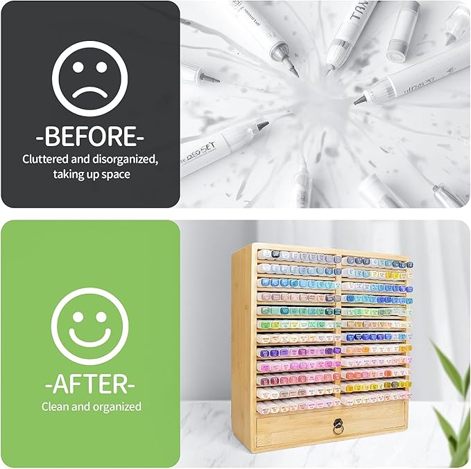 Marker Organizer for 216 Markers, Wooden Marker Storage Organizer with 12 Layers × 2 Compartments, Bamboo Marker Holder with Drawer for Art Supplies and Pens