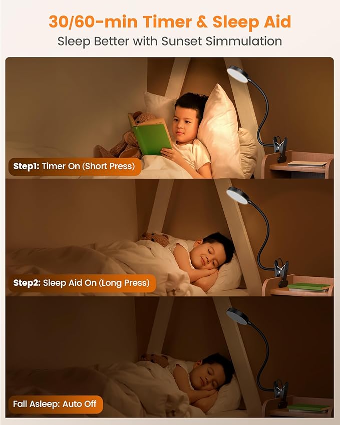 Glocusent 72 LED Clip on Lamp with Remote, Reading Light with Amer Ring Night Light, 3 Colors & 5 Dimmable Desk Lamp with Clamp, Auto-Off Timer for Night Reading, Bed Light for Headboard/Dorm/Bunk