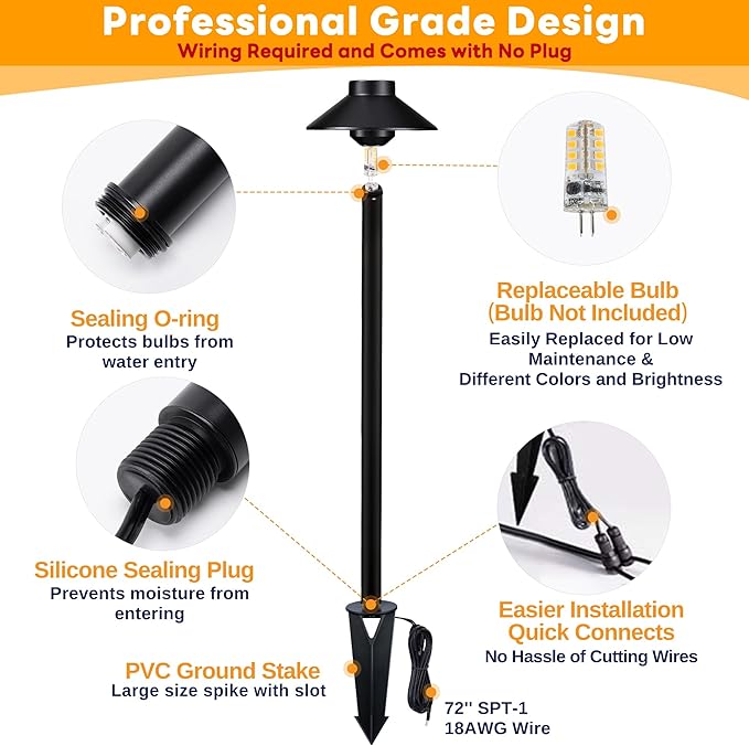 Brass Low Voltage Path Lights - 12V LED Landscaping Pathway Lamp IP65 Waterproof, Wired Walkway Lighting Outdoor, Mushroom-top Black for Lawn Backyard Garden G4 Bulb Not Included (8 Pack)