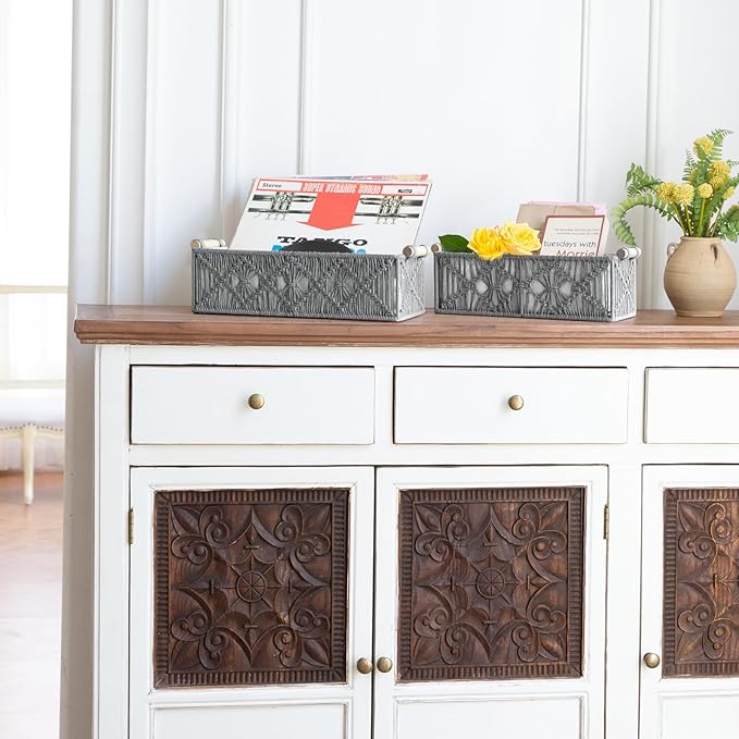 Mkono Macrame Storage Baskets Boho Decor Box Handmade Woven Decorative Countertop Toilet Tank Shelf Cabinet Organizer for Bedroom Livingroom Home, Set of 2, Grey