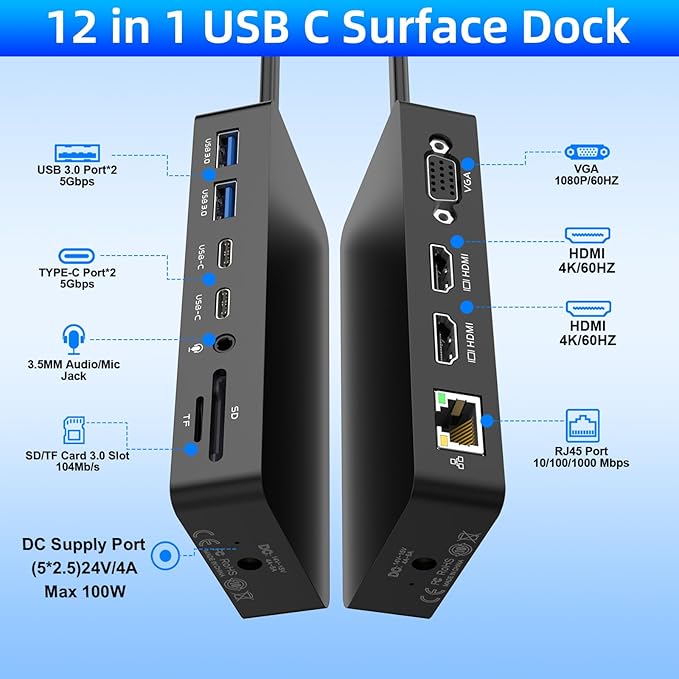 Microsoft Surface Thunderbolt 4 Dock Triple Displays Dual HDMI+VGA, 12 in 1 Surface Docking Station for Surface Pro 11/10/9/8/X/7+/7, Surface Laptop 7/6/5/4/3, Laptop Studio