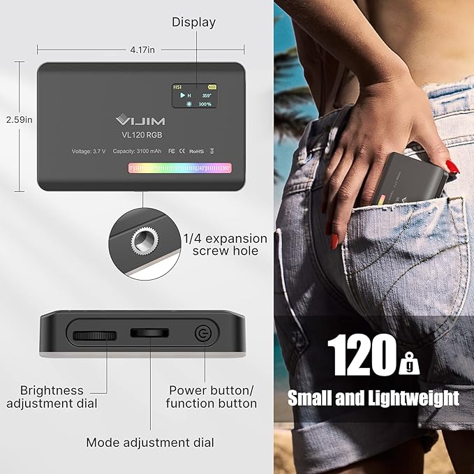 VIJIM VL120 RGB Video Light, Portable LED Camera Light Panel 0-360 Full Color, CRI 95+ 2500-9000K LED 3100mAh Rechargeable DSLR Lighting for Vlogging, Photography, Video Conference