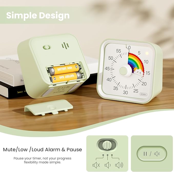 Visual Timer with Pause Function, 60 Minute Countdown, Pomodoro Timer for Kids, Productivity Timer, Time Management for Kitchen Cooking, Study, Teaching, Office Meetings (Rainbow Green)