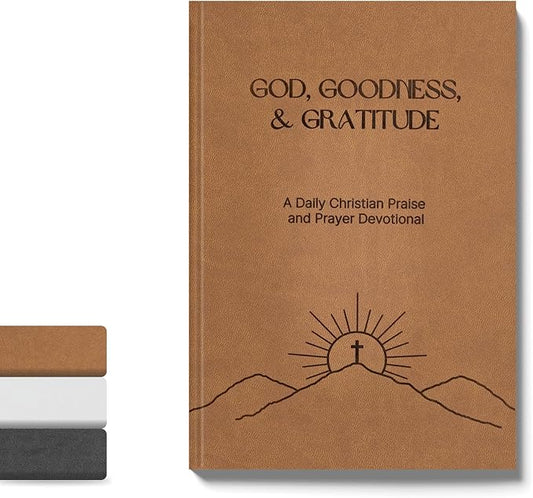 Christian Prayer Journal - God, Goodness & Gratitude - Faith-Based Gratitude and Devotional Journal for Daily Prayers, Bible Study, and Spiritual Growth - Light Brown Leather Hardcover