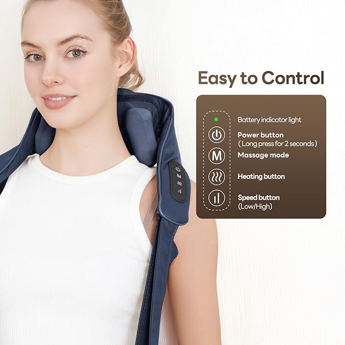 Neck Massager with Heat for Pain Relief Deep Tissue,6D Shiatsu Kneading Massage,Cordless Rechargeable for Neck,Shoulder,Gifts for Mom/Dad(PU-Dark Blue)