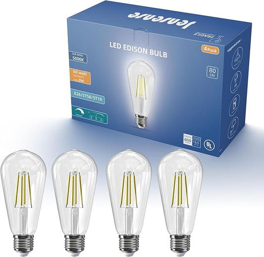 Jensense Edison LED Light Bulbs 8Watt Dimmable Light Bulbs 5000K Daylight White, E26 LED Bulb 60watt Equivalent, Vintage Bulbs 800lm CRI 90 Clear Glass 4 Packs