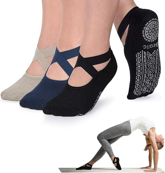 Ozaiic Yoga Socks for Women Non-Slip Grips & Straps, Ideal for Pilates, Pure Barre, Ballet, Dance, Barefoot Workout