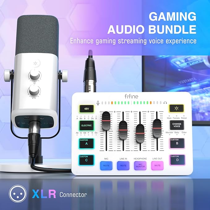 FIFINE Gaming Equipment Bundle, XLR/USB Streaming Dynamic Microphone with Audio Mixer Set, Podcast Recording Mic with Gain Knob, PC Mixer with Slider Fader Kit for Video, Game Voice-Ampligame KS5W