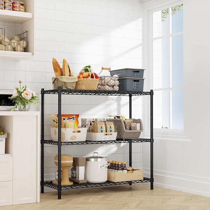 Storage Shelves Heavy Duty, 45" W x 20" D x 47" H Garage Wire Shelving Unit Loads 1200LBS, 3-Tier Adjustable Metal Industrial Utility Shelf Rack for Kitchen, Laundry Room, Pantry, Warehouse, Basement