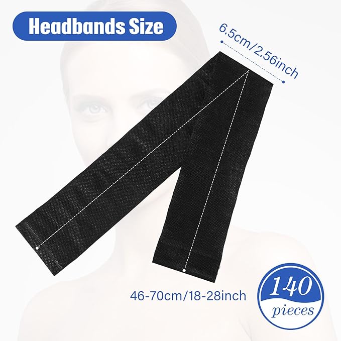 Waydress 140 Pieces Disposable Spa Facial Headbands with Convenient Closure, Stretch Facial Headwraps Soft Skin Care Hair Band for Women Salons(Black)