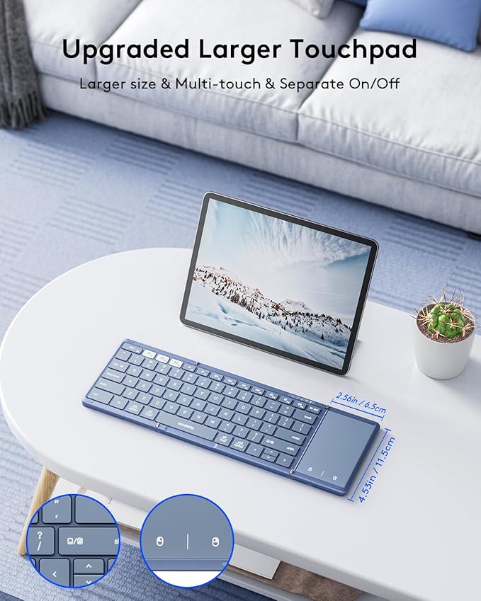 Samsers Foldable Bluetooth Keyboard with Touchpad, Full-Size Wireless Folding Keyboard with PU Leather, Portable Travel Keyboards for iOS Android Windows Mac OS, Support 3 Devices (BT5.1 x 3), Blue