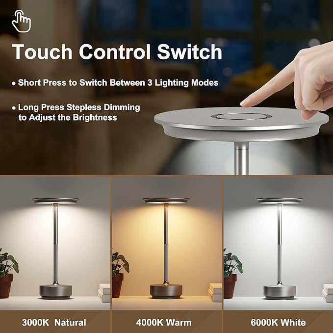 Rechargeable Cordless Table Lamps, 5000mAh Portable LED Table Light, 3 Color Stepless Dimming Battery Powered Metal Table Lamp for Outdoor Patio/Bedroom/Restaurant.(Silver)