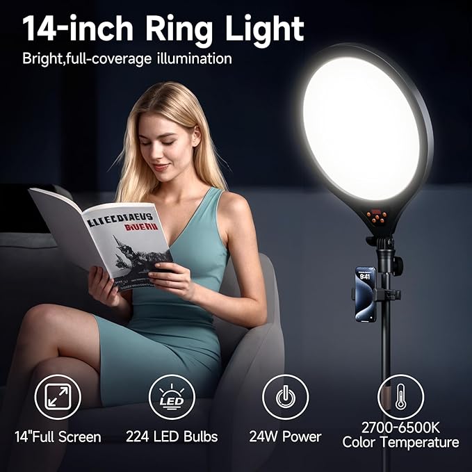 Ring Light with Stand and Phone Holder, 14" Professional Full-Screen Large Ring Light with 63'' Stand, Selfie Ringlight for Video Recording, Live Streaming, Makeup, Barber, YouTube, TikTok