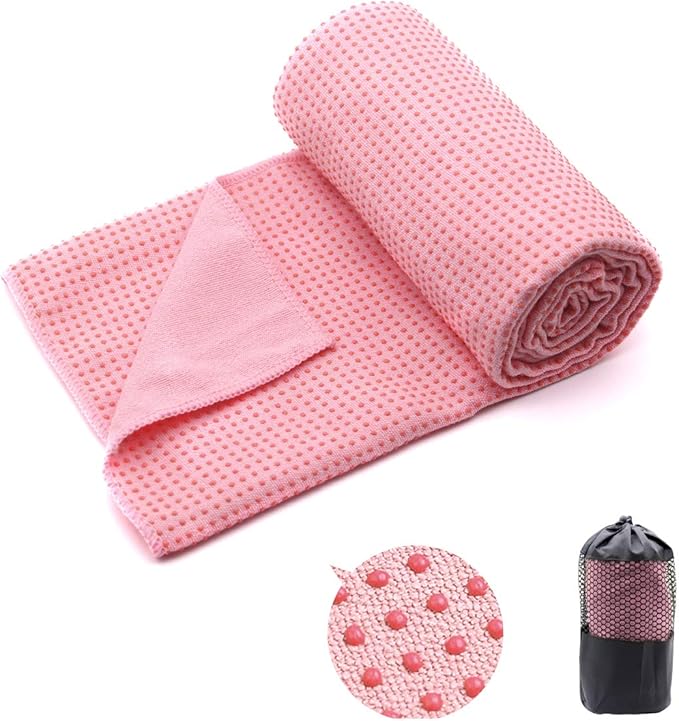 Eunzel 2 Pack Hot Yoga Towel with Grip Dot, Non Slip Yoga Mat Towe Sweat Absorbent Towel for Hot Yoga,Bikram, Pilates and Fitness 72" x 24", Pink