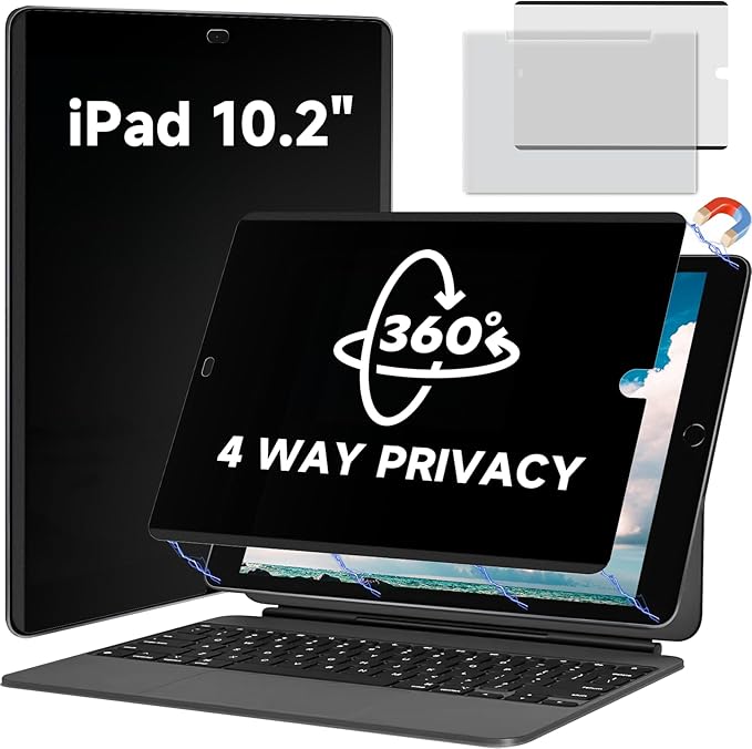 Magnetic 360° Privacy Screen Protector Compatible with iPad 9th 8th 7th Gen 10.2'' Anti Glare Blue Light Filter, Bubble-Free Shield, Fingerprint-Proof Guard, Reusable Anti-Scratch Film, Anti-Spy Cover