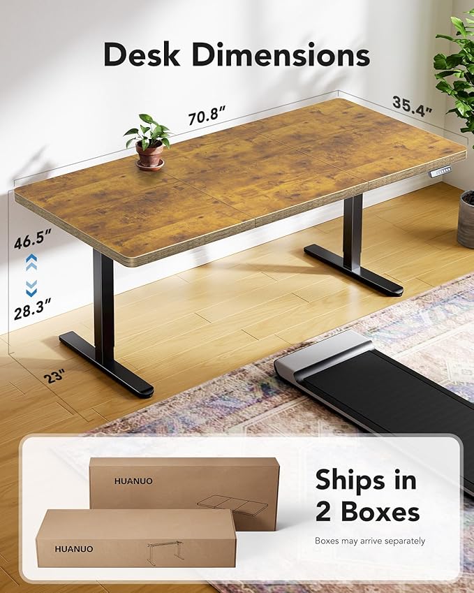 HUANUO 71 x 35 inch Electric Standing Desk, Powerful Brushless Motor Large Height Adjustable Table, 4 Memory Preset Sit Stand Up Desk, Home Office Computer Table with Thick T-Shaped Frame, Vintage