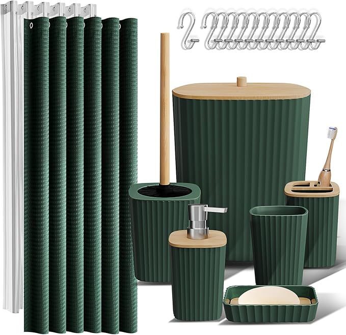 Clara Clark Bathroom Accessories Set - Green Bathroom Set, 20PC Bathroom Accessory Set, Shower Curtain Set, Toilet Brush, Trash Can & Soap Dispenser