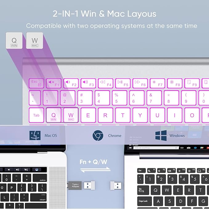 SABLUTE Wireless Keyboard with 7 Colored Backlits, Rechargeable Silent Compact Cordless Computer Keyboard with Low Profile Quiet Light Up Keys for Windows, PC, Linux, Chrome, Mac (Silver)