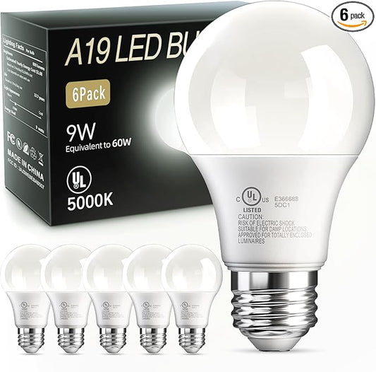 TJOY LED Light Bulbs Daylight 5000K, 60 Watt Equivalent LED Bulb, 9W Bright White Light Bulb, A19 E26 Standard Base, Non Dimmable, Energy Saving, 800LM, 120V, UL Listed, 15000 Hour Lifetime, 6 Pack