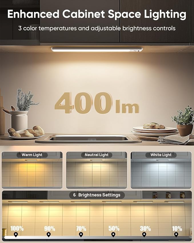 Under Cabinet Lighting Wireless, Rechargeable 62 LED Motion Sensor Light Indoor, 3 Color Temps Closet Lights with Remote Control, Dimmable Magnetic Under Counter Lights for Kitchen, Stairs, 6 Pack