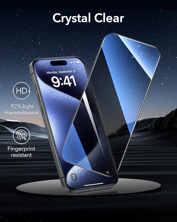 ESR 3 Pack 9H+ Glass for iPhone 15 Pro Max Privacy Screen Protector, [Military Grade Shatterproof & Longest Durable] Armorite Anti-spy Tempered Glass with UltraFit Tray
