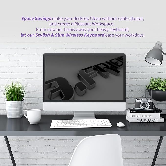 Slim Quiet Wireless Keyboard for Mac and Windows,Durable Flat Keyboard with Full Size Ultra Quiet Low-Profile Flat Keys, 2.4GHz Wireless for Mac,Windows 11/10/8/7/Vista,Microsoft & PC（White