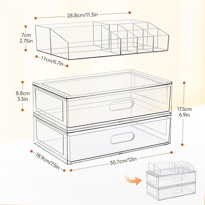 Clear Stackable Makeup Organizer with Drawer, 12''W Acrylic Storage Drawers, Cosmetic Display Case for Vanity Bathroom Countertop, Beauty Holder for Lipstick Brush Skincare Perfume (4 Pack)