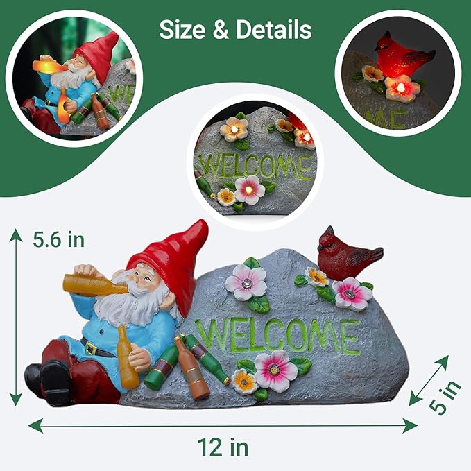 Funny Garden Gnomes Statue with Welcome, Solar Outdoor Gnomes Decorations for Yard, Patio, Lawn, Fathers Day Birthday Housewaming Gifts for Dad, Men, Husband, Grandpa, 11.8 Inch, Resin