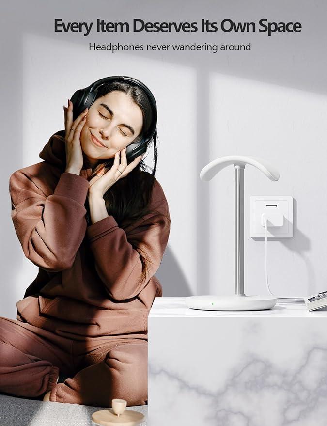 Miroddi Headphone Stand with Wireless Charger, Independent USB Charging Port, 5 in 1 Charging Station Headset Holder Rack for AirPods Max/Pro/4/3/2, iWatch, iPhone, Samsung and Desk Headphones, White
