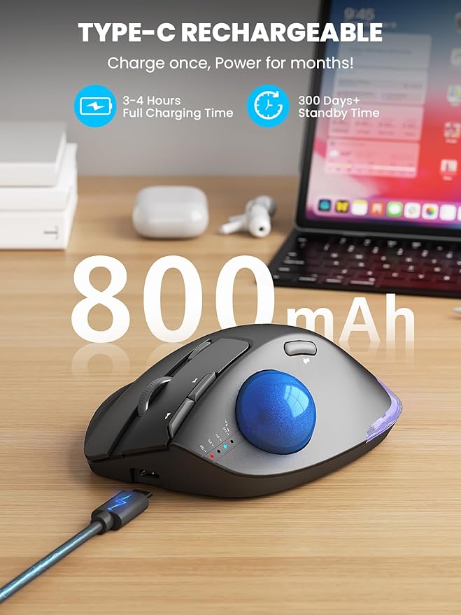 Wireless Trackball Mouse, Ergonomic Bluetooth Rechargeable Computer Mouse, Backlit Rollerball Thumb Laptop mice with 5 Level DPI, Adjustable Angle, 3 Devices Connection for PC, Windows - Blue Ball