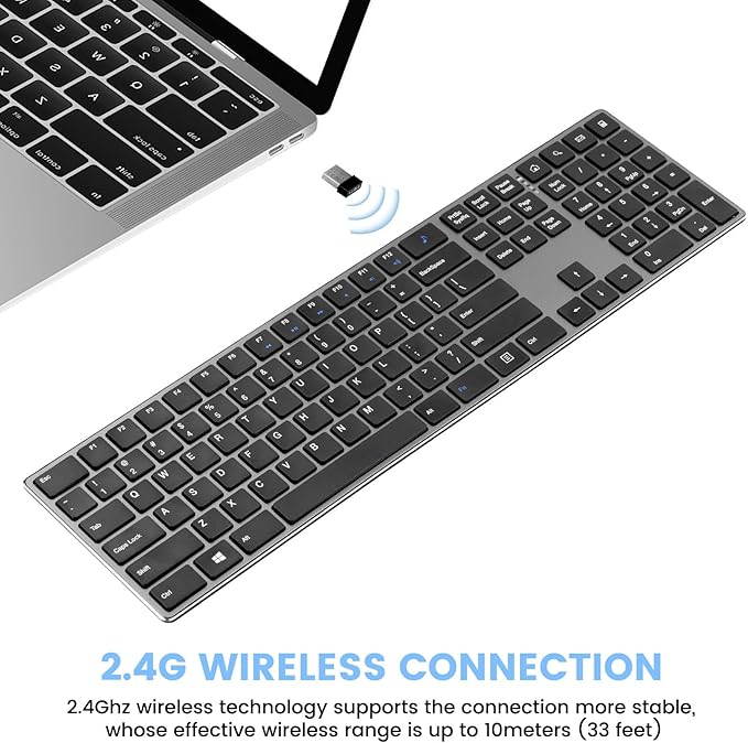 TIETI K01R Wireless Keyboard, 2.4G Slim and Compact Wireless Keyboard with Numeric Keypad, Long Battery Life, Lag-Free for PC Laptop Computer Windows, Space Grey