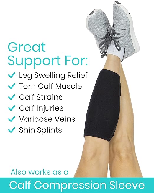 Vive Calf Brace - Adjustable Shin Splint Support - Lower Leg Compression Wrap Increases Circulation, Reduces Muscle Swelling - Calf Sleeve for Men and Women - Pain Relief (Black)