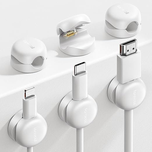 Lamicall Cord Organizer, Spring Cable Management Clips - 6Pack Compact Desk Cable Holder Clips, Nightstand Phone Charging Cord Holder, 8mm Slot Adhesive Wire Organizer, Office Accessory, White