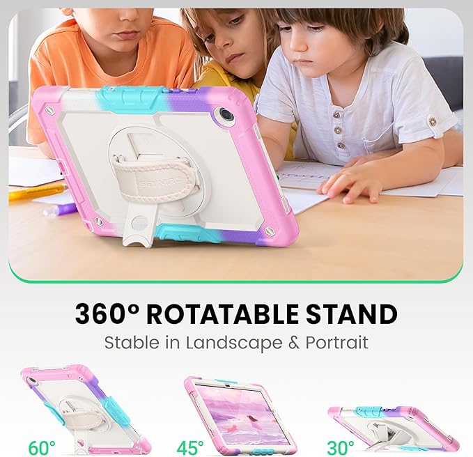 SEYMAC Case for Samsung Galaxy Tab A9+/ A9 Plus 11" (SM-X210/X216/X218), Heavy Duty Shockproof Protective Case with Screen Protector, Rotating Stand, Hand/Shoulder Strap, Pink