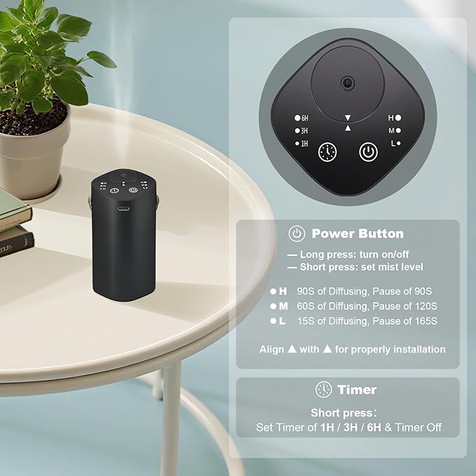 Waterless Essential Oil Diffuser with Handle, Scent Diffuser for Car Home Office Bathroom with Timer, Small Rechargeable Aromatherapy Diffuser, Portable Cordless Aroma Car Diffuser, Black