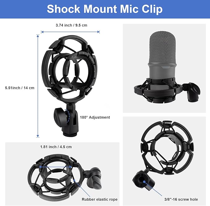 Desk Microphone Mic Stand, Adjustable Height Table Microphone Stand with Universal and Shock Mount Mic Clip, one 3/8"-16 Female to 5/8"-27 Male Adapter for Blue Yeti/BlueSnowball/SoloCast