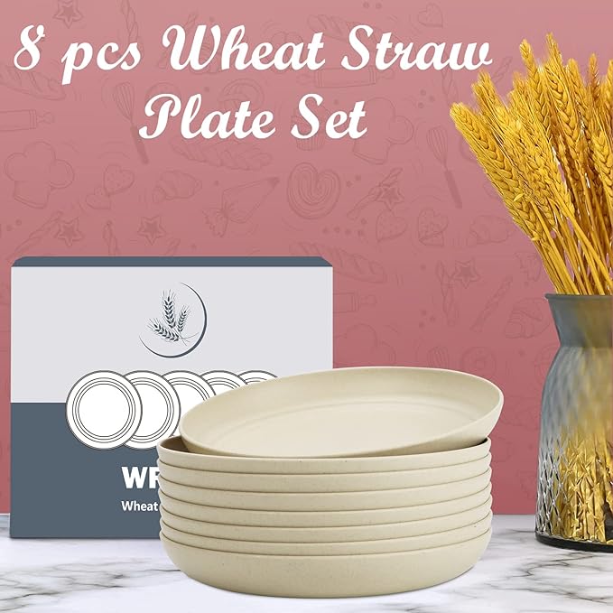 Wheat Straw Plates - 8 Inch Unbreakable Dinner Plates Set of 8 - Dishwasher & Microwave Safe Plastic Plates Reusable - Lightweight Small Plates for kitchen,R.V. (Beige)