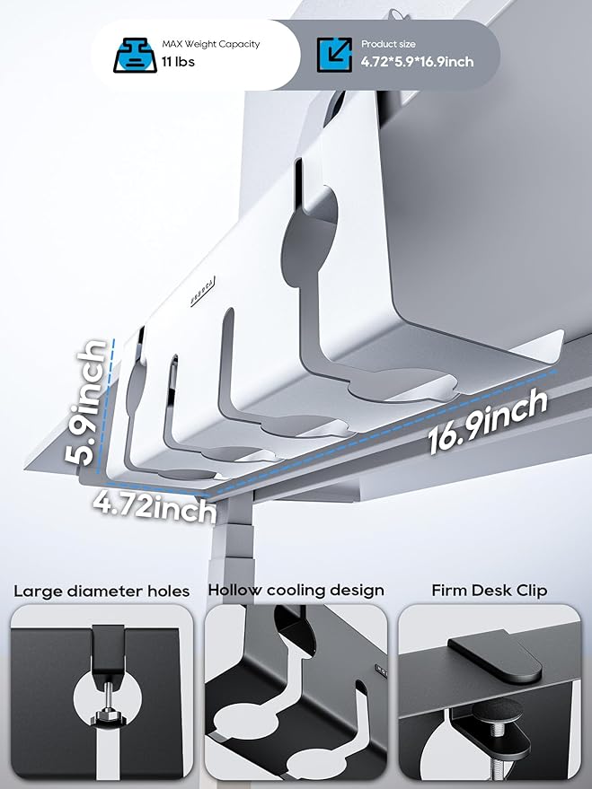 NodoCA No Drill Under Desk Cable Management Tray, 17'' Wire Management, Punch-Free Clamp On, Metal Cable Tray, Wire Organizer, Under Desk Basket for Office and Home, White