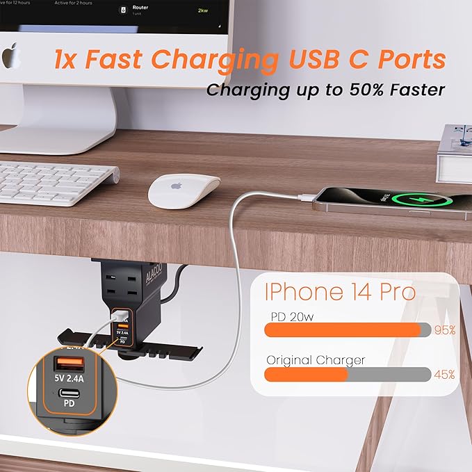 All-in-One Under Desk Headset Stand with Charging Station - Dual 360° Rotating Hooks, 3 USB Ports & AC Outlet, Built-in Surge Protector and Cable Management (Black)