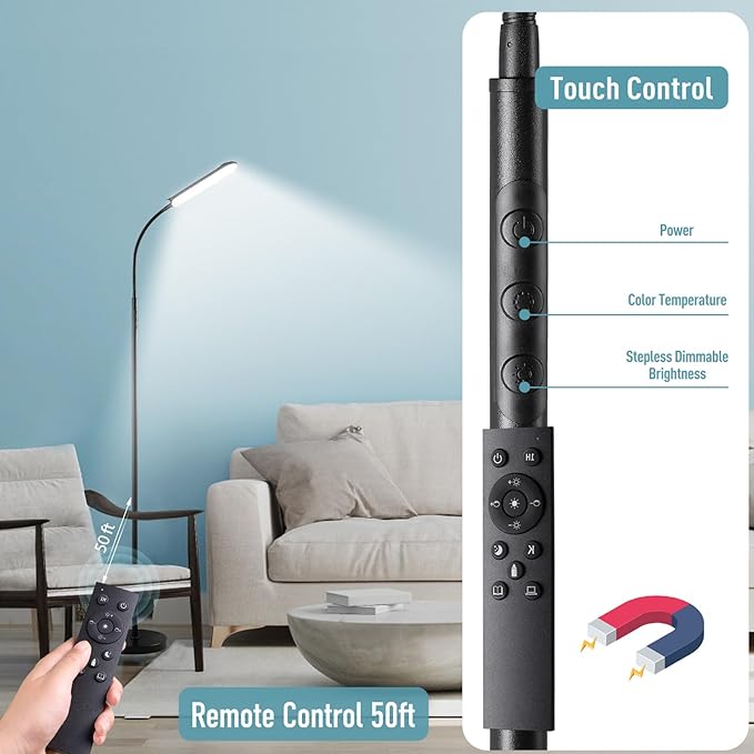 Floor Lamp, 18W 1800LM Super Bright LED Floor Lamp with Remote & Works with Smart Plug, Dimmable Timing Eye Caring Reading Lamps Floor Standing for Living Room Bedroom Office