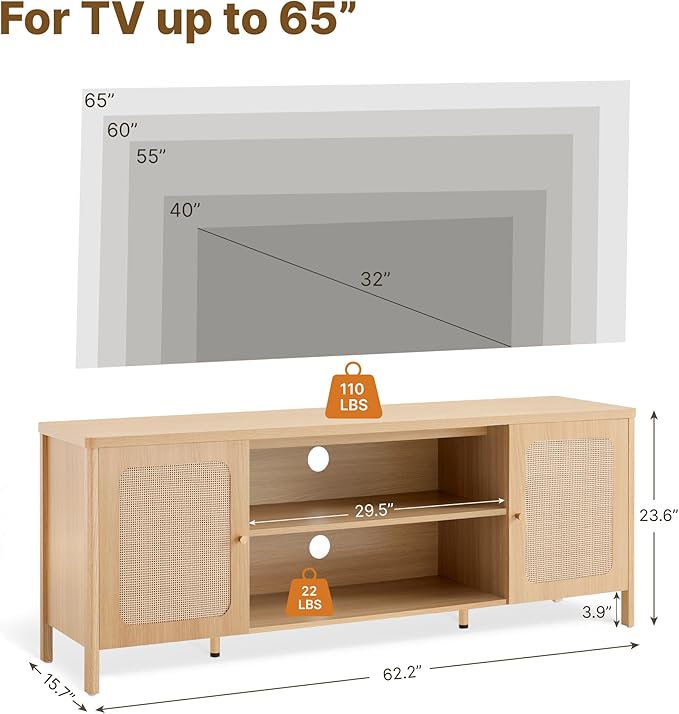 Rattan TV Stand for TVs up to 75'' Boho Entertainment Center with Adjustable Shelf Television Stand with 2 Storage Cabinets Media Console Wooden TV Cabinet for Living Room Bedroom,Natural Oak